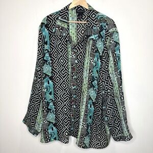 Maggie Barnes Tunic Top 4X Geometric Button Down Sheer Long Sleeve Art to Wear